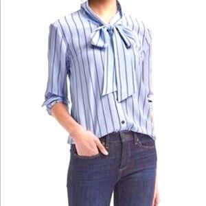 Banana Republic Blue Striped Button Up Silky Bow Blouse, Dillon Shirt, EUC, XS